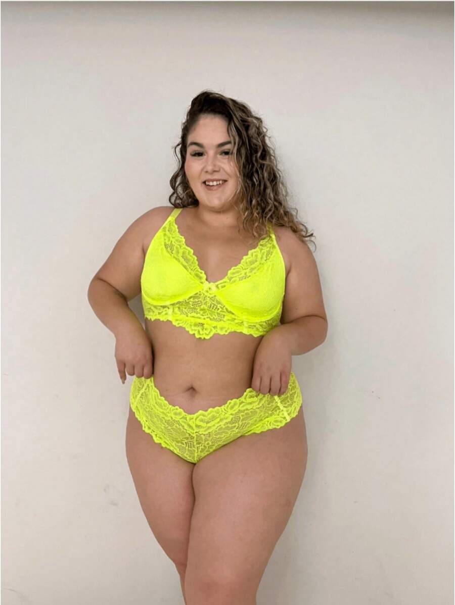Plus Size Bra & Panty Sets - Yellow - View 1