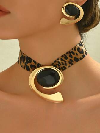 3pcs/Set New Stylish European & American Geometric Metal Earrings And Necklace Jewelry Set, Sexy Exaggerated Leopard Print Water Drop Shape