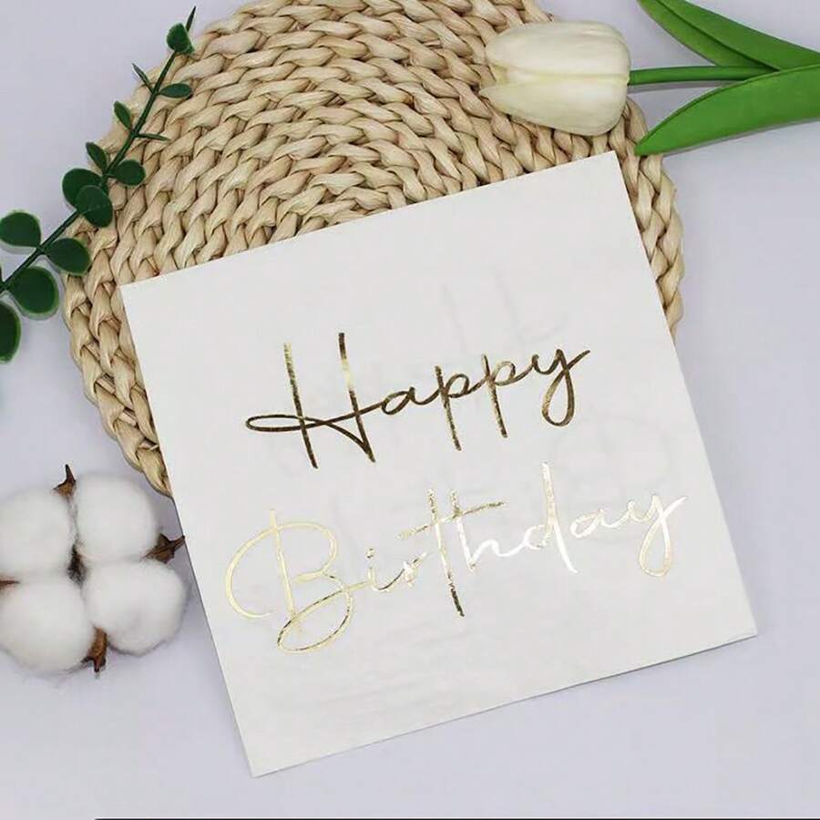 20pcs/40pcs/100pcs White And Gold Happy Birthday Napkins Disposable Cocktail Napkins White And Gold Birthday Napkins Paper Napkins With Gold Stamping Disposable Paper Luncheon Napkin For Birthday Tableware Party Supplies - Multicolor - View 1