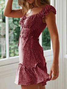 Women's Summer Ruffle Sleeve Sweetheart Neckline Printed Mini Dress - Màu Đỏ Sâu - Xem 2