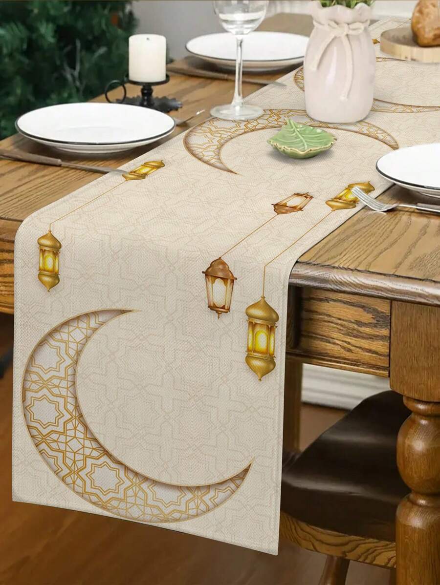1 Pc Gold Lantern Blessing Pattern Table Runner, Blessing Home Decor Table Runner, Home Decor, Indoor & Outdoor Party Decoration, Suitable For Home Kitchen Decor And Party Decoration