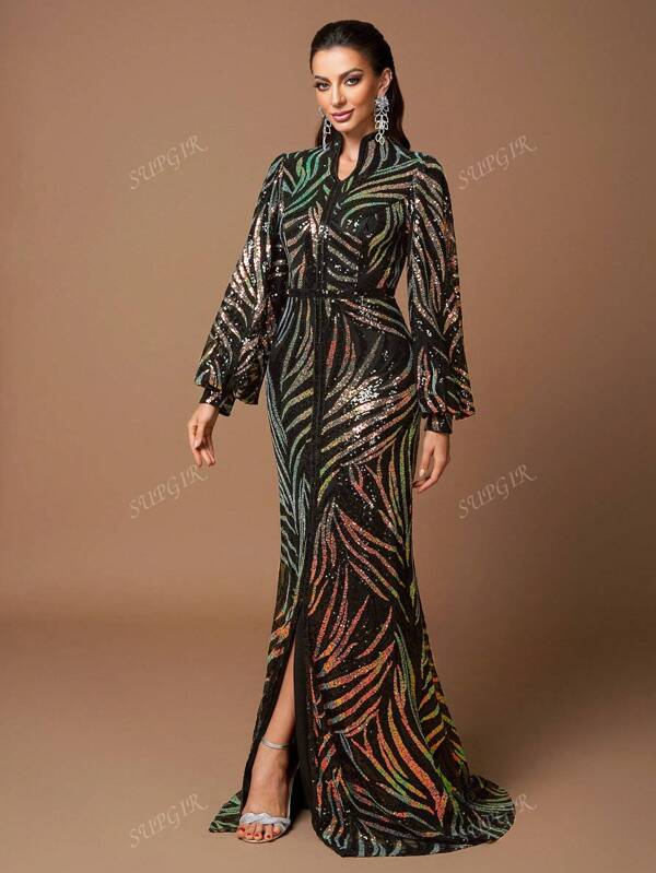 SUPGIR Vestido elegante de noche, vestido de fiesta, vestidos de invitados de boda, bata, ropa de mujer de otoño con manga larga bordada con perlas falsas y bajo acampanado