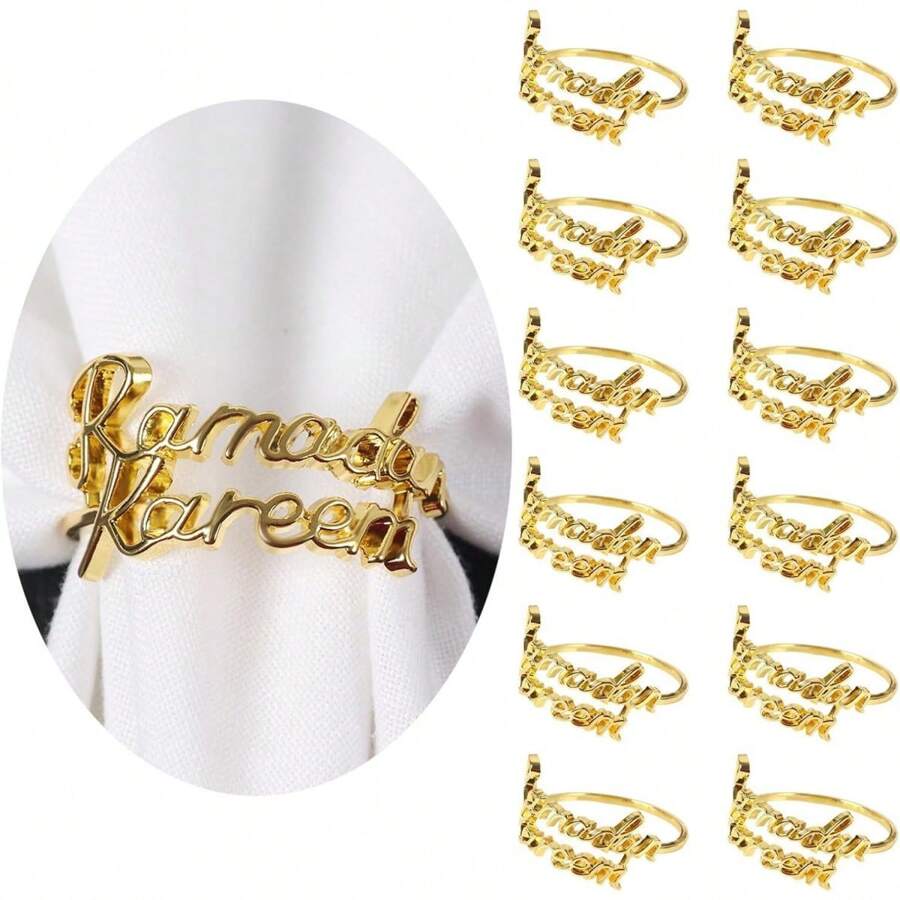 4/6 peças anéis de guardanapo Ramadan, anéis de guardanapo dourados Eid Mubarak com carta de cartão Ramadan, porta-anéis de guardanapo de metal para festa Eid, decoração de mesa de feriado Ramadan
