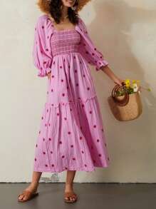 Women Floral Embroidered Maxi Dress Long Puff Sleeve Square Neck Bohemian Flowy Dress With Pockets Smocked Sundress - Hồng - Xem 5