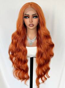 Peluca sintética de encaje frontal de 13x6 pulgadas con cabello de bebé, onda corporal de 30 pulgadas de largo, color naranja, para uso en el Día de Navidad