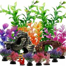 15 pièces Décorations d'aquarium - Pot cassé en résine et scénario de roches de grotte, plantes en plastique