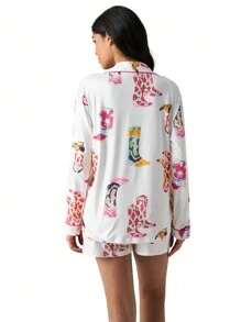 Pijama/ropa de estar cómoda y de moda casual con estampado gráfico para mujer - Blanco - Ver 6