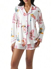 Pijama/ropa de estar cómoda y de moda casual con estampado gráfico para mujer - Blanco - Ver 4