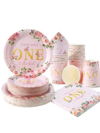 粉色和金色 1 岁生日派对一次性盘子、餐巾、杯子，可供 25 位客人使用，适合生日派对、家庭野餐
