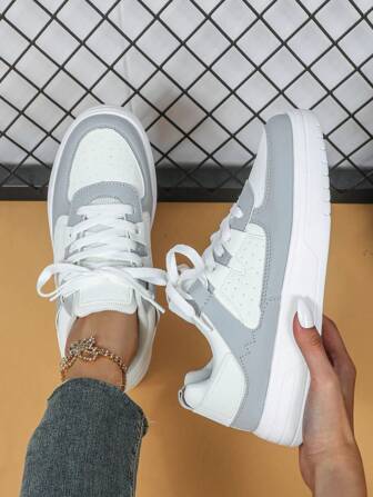 White And Gray Lace-Up Low-Top Flat Walking Shoes, Suitable For Comfortable Travel, Commute, Leisure, Campus Style Shoes, Festival Parties And Gatherings.