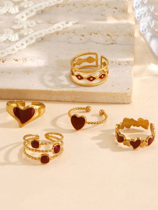 1 pieza/5 piezas Anillo abierto con forma de corazón de acero inoxidable con esmalte rojo minimalista, apto para uso diario de mujeres, citas, San Valentín, mamá, madre, Día de la Madre, regalo