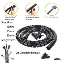 2 Meter 8~20mm Cable Spiral Wrap Tidy Cord Wire Banding Loom Storage Organizer PC TV Wire Winding Tube Wire Sleeves - Black - View 1