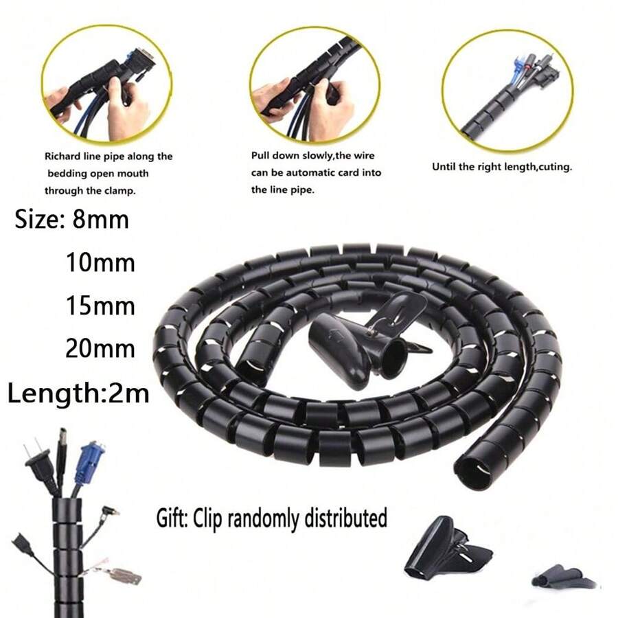 2 Meter 8~20mm Cable Spiral Wrap Tidy Cord Wire Banding Loom Storage Organizer PC TV Wire Winding Tube Wire Sleeves - Black - View 1