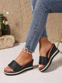 Sandalias de cuña con suela gruesa, nuevas para el verano de 2025. Sandalias casuales de tacón alto versátiles y de moda, con suela abierta para mujeres, con decoración de hebilla, elegantes sandalias de mujer - Negro - Ver 2
