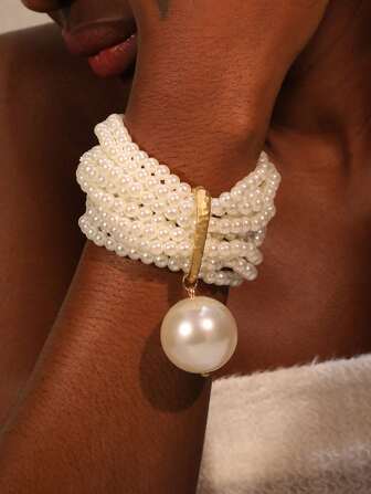 1pc Multi-Layered Faux Pearl Bracelet, Suitable For Women For Evening Party, Wedding, Vacation And Daily Wear