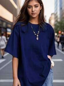 DG XUNLIN MODA Women's Oversized Short Sleeve Relaxed Pure Color Pop Solid Color T-Shirt - Navy Blue - View 3
