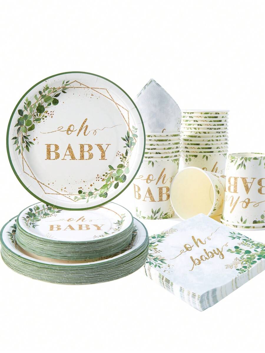 1 Set Of 25pcs Green Plant Disposable Tableware Including Paper Plates, Napkins And Cups, Suitable For Parties, Birthdays, Family Picnics