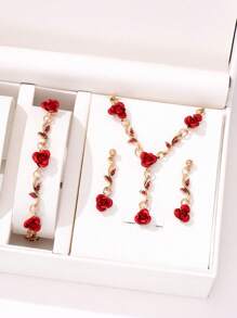1 pièce Collier + 1 pièce Bracelet + 2 pièces Boucles d'oreilles Ensemble de bijoux, Décor de fleur de rose vintage en cristal, Collier, Bracelet, Boucle d'oreille de rose rouge/bleue élégante personnalisée, convient aux femmes