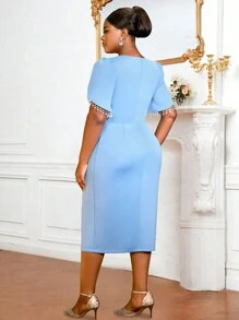 大码女式串珠装饰灯笼袖裹身通勤优雅连衣裙 - 藍色 - 查看 3