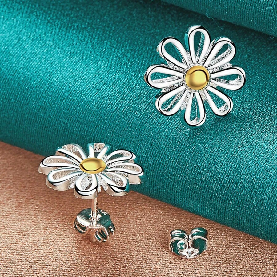 925 Silver Plated Chrysanthemum Stud Earrings For Women Wedding Party Fashion Jewelry - Silver - View 1