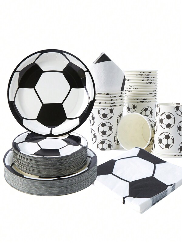 1 Set Of 25 White Football Design Disposable Plates, Napkins And Cups, Ideal For Birthday Parties, Family Picnics And Other Occasions