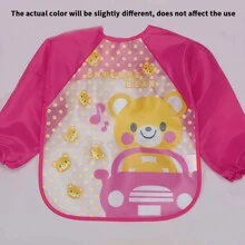 1pc Deep Pink Sleeve Bear Baby Feeding Bib, Unisex Waterproof Eva Children Painting Apron, Spring And Autumn