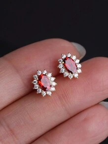 1 对时尚 S925 纯银椭圆形红色锆石耳钉，奢华珠宝礼物，适合女性、复古派对、新娘、婚礼配饰 - 橢圓 - 查看 1