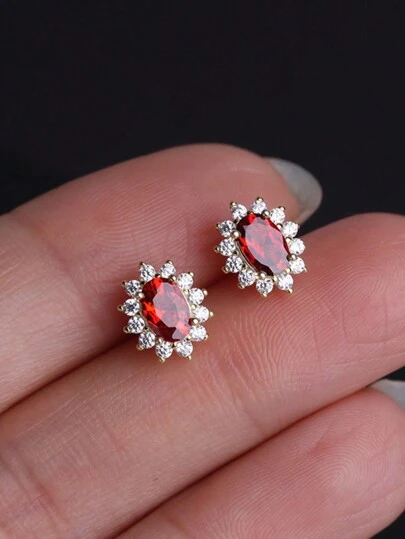 1 par de pendientes de botón de plata de ley 925 con zirconia oval roja, joya de lujo como regalo para mujeres, accesorios de fiesta, nupciales y de boda