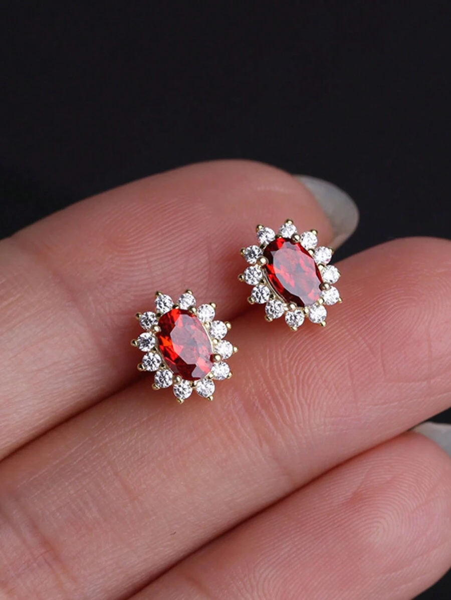 1 对时尚 S925 纯银椭圆形红色锆石耳钉，奢华珠宝礼物，适合女性、复古派对、新娘、婚礼配饰 - 橢圓 - 查看 1