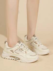 女式网眼厚底厚底运动鞋，休闲白色鞋子，适合跑步，个性化运动休闲鞋，透气网眼，防滑橡胶鞋底，时尚，适合苗条身材，建议订购大一码 - 米色 - 查看 5