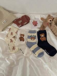 5 Pairs Women's Bear Pattern Mid-Calf Socks, Cute Cartoon Japanese Style Long Tube Socks Suitable For Spring, Summer, Autumn & Winter Daily Wear - Multicolor - View 4