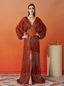 V-Neck Lantern Sleeve Sequin Evening Gown, Party Dress, Wedding Guest Dress, Formal Dress, Evening Dress Spring Vacation - Rust Brown - View 4