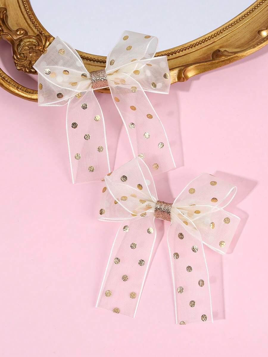 2 件装米色网状蝴蝶结，适合幼儿女孩，闪亮金色古铜色波尔卡圆点蝴蝶结发夹，带尾巴，网状薄纱蝴蝶结发夹，时尚蝴蝶结发夹，女孩节日派对头饰，儿童婴儿发饰 - 彩色 - 查看 1