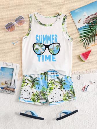 2 件装年轻男孩户外休闲海滩度假棕榈叶和夏季字母印花背心和短裤套装，夏季假日装