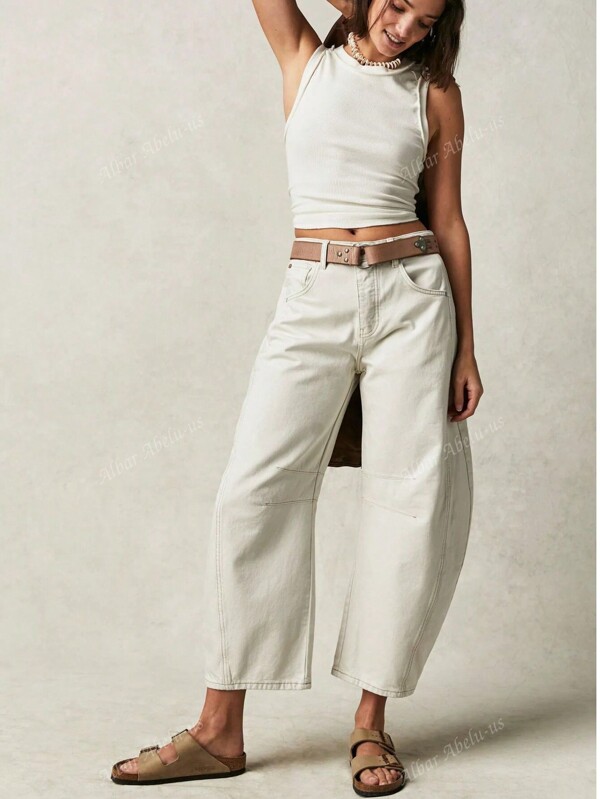 Women's Plain Pocket Casual Loose Fit Denim Pants
