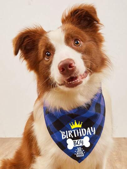 Pet Birthday Triangle Scarf Checkered Printed Dog Bandanas Crown Boy And Girl Happy Birthday Dog Scarf