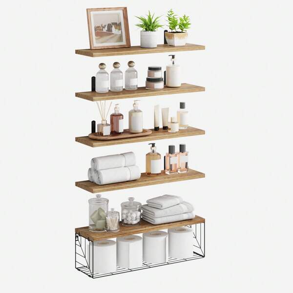 Superlele 3/4/5tiers Bathroom Floating Shelves, Wall Mounted Shelves Over Toilet With Metal Guardrail, Room Wall Shelf Decor, Farmhouse Shelf Toilet Paper Storage, For Bathroom, Living Room, Bedroom, Kitchen Wall Storage And Decoration. Home Bathroom Decor Bathroom Organizer Summer Back To School