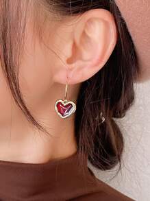 1 Pair Retro Elegant Alloy Burgundy Heart Rhinestone Decorated Women Earrings, Valentine's Or New Year Gift Valentines