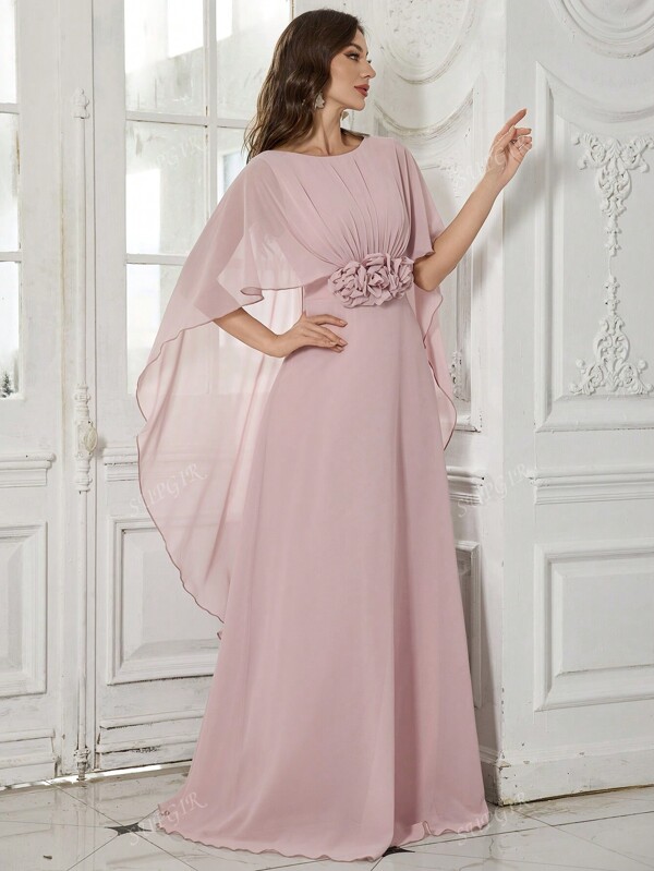 SUPGIR Vestido de gala formal con cuello redondo, espalda al descubierto, manga tipo chal, decoración de flores 3D voluminosa en color rosa, vestido para boda, fiesta o evento de noche