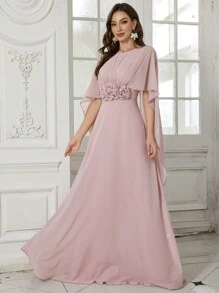 SUPGIR 女士圆领露背披肩袖手工 3D 花卉装饰蓬蓬粉色礼服裙、婚礼宾客礼服、派对礼服、晚礼服 - 粉色 - 查看 5