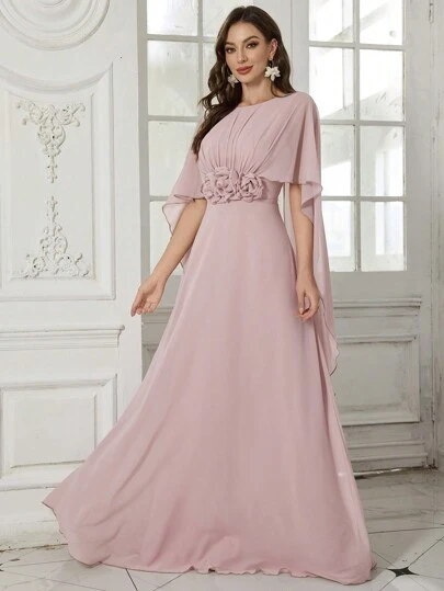 SUPGIR Đầm dạ hội nữ màu hồng bồng bềnh, cổ tròn, hở lưng, tay bồng, thêu hoa 3D thủ công, thích hợp cho đám cưới, tiệc tùng, dạ tiệc mùa xuân thanh lịch.