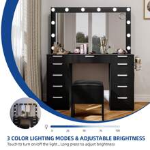 Vanity Desk With Large Mirror Makeup Vanity With Charging Station Makeup Vanity Desk With Outlets, Large Mirror With Light 12 Bulbs Color & Brightness Adjustable 11 Drawers And Storage Bench For Bedroom - màu đen - Xem 4