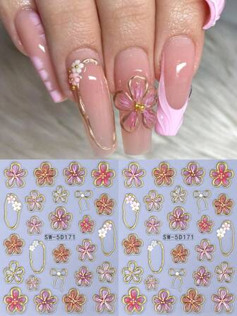 5D Gold Line Hibiscus Flower Nail Sticker Embossed Metallic Asymmetric Square Frame Pink Red Floral Petals Bowknot DIY Spring Summer Elegant Y2K Style Self-Adhesive Gel Polish Decal Sliders Holographic Nail Art Decoration Home Salon Nail Supplies Nails