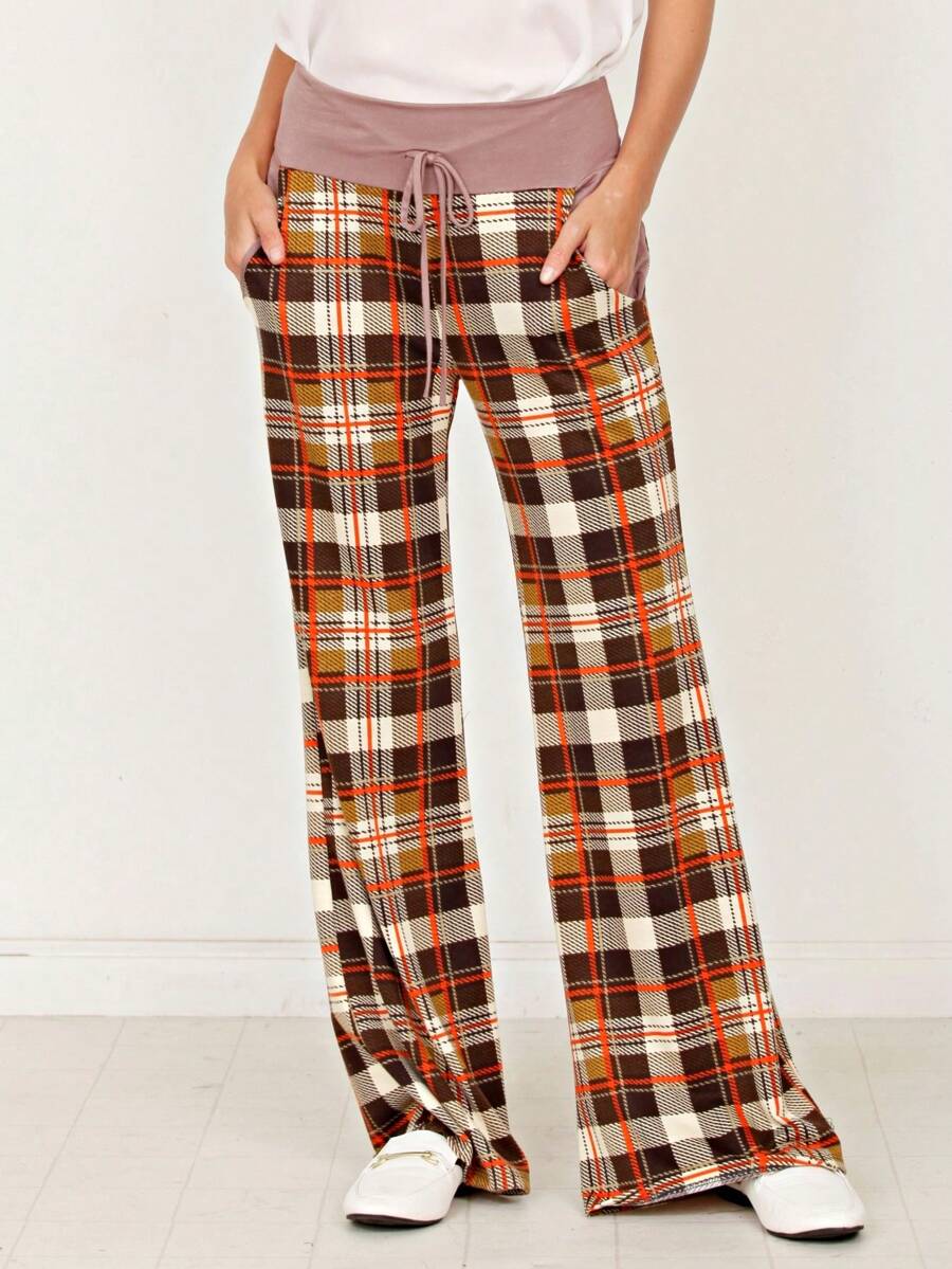 Floral Drawstring Fold Over Band Wide Leg Lounge Pants - 摩卡棕 - 查看 1