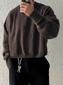 秋冬超大中性针织毛衣，温暖的欧洲和亚洲街头风格宽松休闲落肩圆领纯色设计 - 棕色 - 查看 1