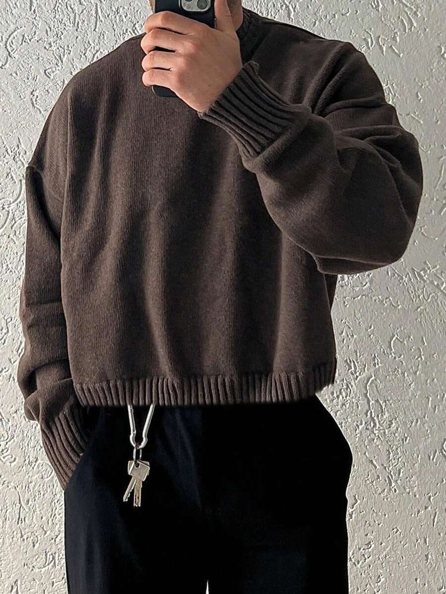 秋冬超大中性针织毛衣，温暖的欧洲和亚洲街头风格宽松休闲落肩圆领纯色设计 - 棕色 - 查看 1