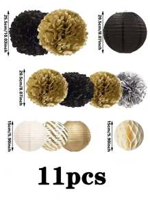 11pcs Black & Gold Circular Lantern Honeycomb Balls Party Decorations, Birthday Party Supplies, Holiday Party Decor, Indoor Outdoor