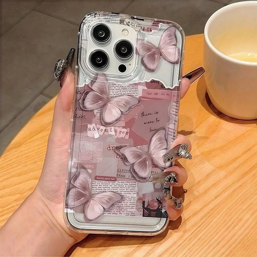 蝴蝶新闻卡通透明防震TPU智能手机壳，兼容三星/16系列，简约时尚，全包保护，防水防摔防刮花 - 彩色 - 查看 1