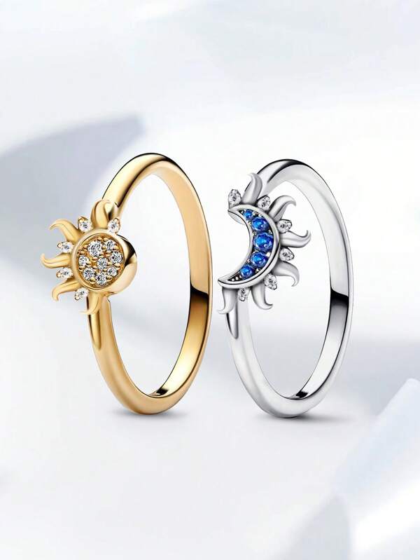 2 Pcs 925 Sterling Silver Retro Unique Sun & Moon Ring Ladies Casual Ring Fine Jewelry Party Gift Birthday Gift Dating Essentials