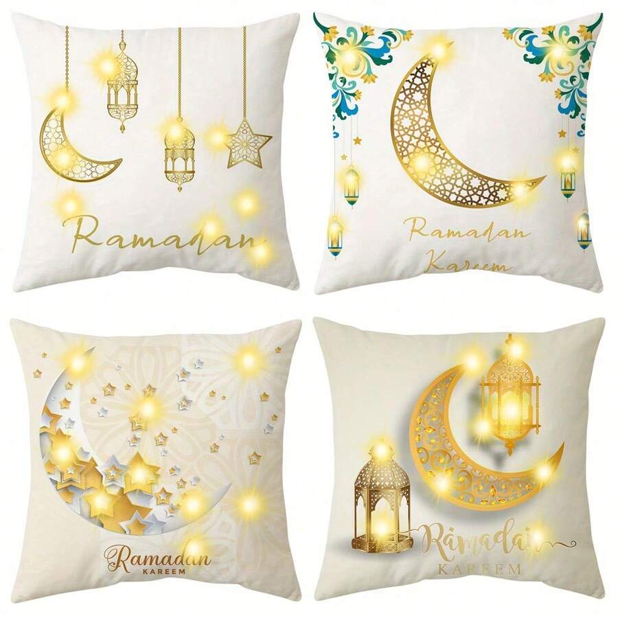 Ramadan Pillowcase Warm Light Decoration Accessory, Square Cushion Cover With Elements Such As Moon And Stars During Ramadan, Suitable For Living Room, Bedroom, Sofa Bed, Home, Car, Bedroom, Sofa, Office And Various Room Decorations - Excluding Pillow Core